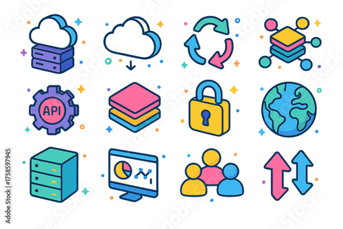 Hybrid Cloud Icon Set. Colorful isometric vector icons set of hybrid cloud infrastructure: private server, public cloud, connected arrows, integration hub, API