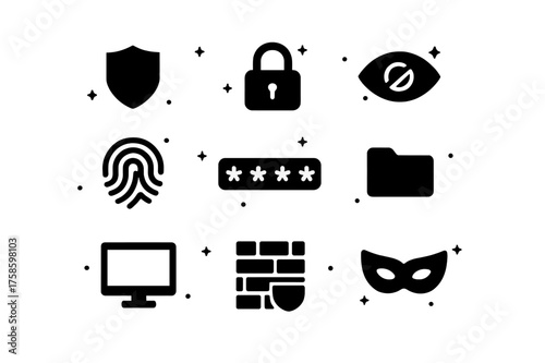 Privacy Icons Collection. Privacy. Solid icons set of privacy: shield, lock, hidden eye, fingerprint, password dots, folder, computer, firewall, mask, safe,