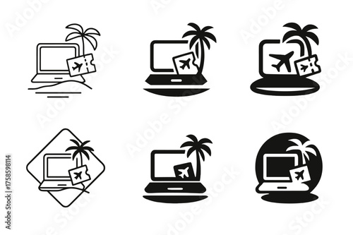 Tropical Freelancer Logos. Freelancer working from a tropical location. Set Logo of Freelancer working from a tropical location: Travel map with flight ticket