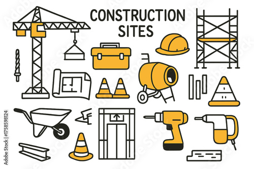 Construction Doodle Icons. Construction sites. Hand-drawn doodle illustration construction sites crane (accented), scaffolding (accented), safety helmet,