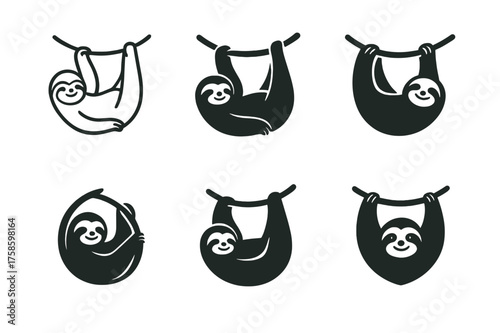 Wildlife Logo Variations. Wild animals in forests and jungles. Set Logo of Wild animals in forests and jungles: Sloth hanging from a vine in relaxed pose.