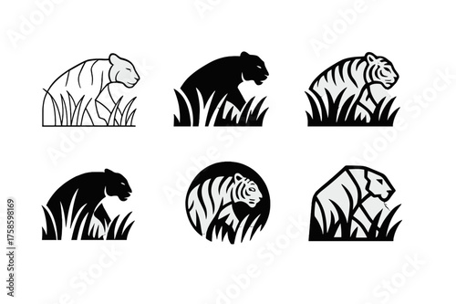 Wildlife Logo Variations. Wild animals in forests and jungles. Set Logo of Wild animals in forests and jungles: Tiger stalking through tall grass. harmonious
