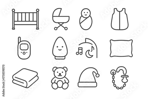 Baby Sleep Essentials Icons. Baby sleep essentials. Line icon set of Baby sleep essentials: crib, bassinet, swaddle, sleep sack, baby monitor, night light,