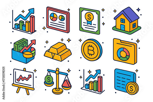 Investment Icons Grid. Colorful isometric vector icons set of investment strategies: stock ticker, diversified portfolio, bonds certificate, real estate