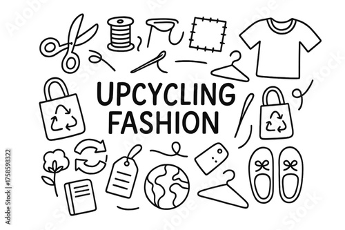 Upcycling Fashion Doodle. Upcycling Fashion. Hand-drawn doodle illustration of Upcycling Fashion. scissors,