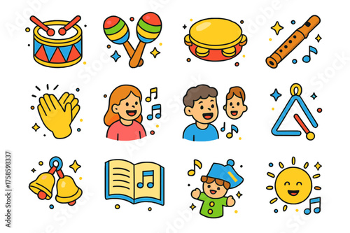 Children's Music Icons. Children?s music. Colorful isometric vector icons set of children?s music: toy drum, maracas, tambourine, xylophone, hand clapping,