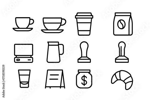 Coffee Shop Icons. Coffee shop essentials. Line icon set of Coffee shop essentials: espresso cup, cappuccino cup, to-go cup, coffee bag, barista scale, milk