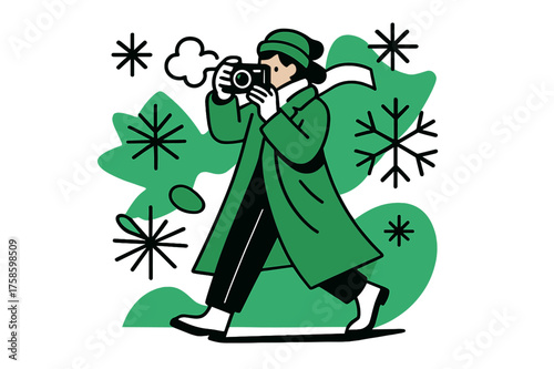 Winter Fashion Blogger. Winter Fashion. A blogger wrapped in a long coat takes a photo against abstract