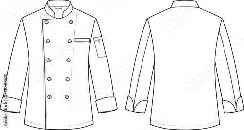 Chef jacket flat sketch, double breasted uniform, fashion technical drawing, stand collar, ribbed cuffs, sleeve pocket, apparel design template, clothing vector illustration