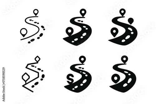 Dream Path Logos. Dream realization. Set Logo of Dream realization: Winding path with milestone markers and footsteps. harmonious logo variations of the same