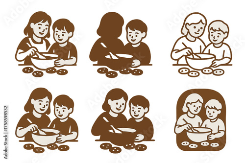 Baking Cookies Logos. Sibling moments and family bonding. Set Logo of Sibling moments and family bonding: Baking Cookies Together. harmonious logo variations