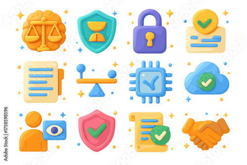 Ethical AI Icon Set. 3D icons set of ethical AI in cybersecurity: AI brain with scales of justice, shield with fairness symbol, privacy lock, ethical