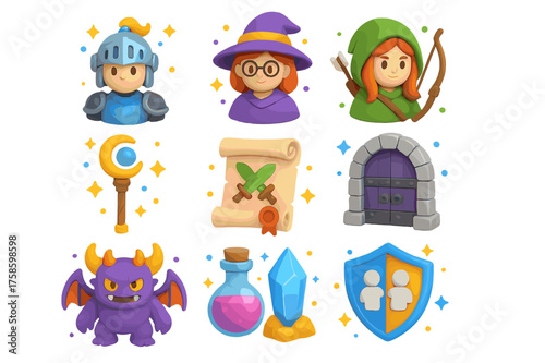 Fantasy Co-op Icons. Fantasy co-op. 3D icons set of fantasy co-op: knight avatar, mage avatar, archer avatar, healer staff, co-op quest scroll, dungeon gate,