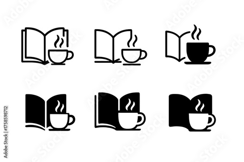 Morning Coffee Logos. Morning coffee ritual. Set Logo of Morning coffee ritual: Coffee cup beside open book. harmonious logo variations of the same emblematic