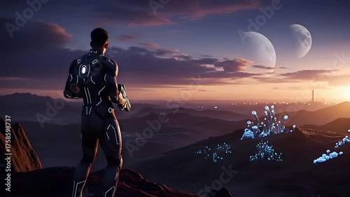 Futuristic adventurer in an advanced suit watching a celestial sunrise over a vast alien landscape with two moons on the horizon