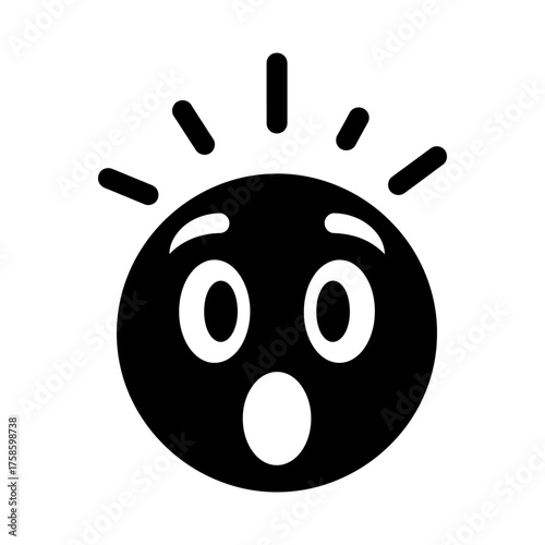 Minimalist Black Circular Icon of a Surprised Face with Rays