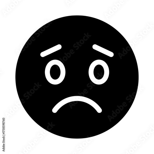 Black Circle Glyph Icon with White Sad Face Expression