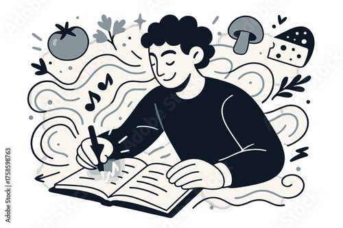 Imaginative Culinary Sketch. Creative cooking. Person sketching glowing notes into a recipe book while abstract ingredients float like stars. Energy lines