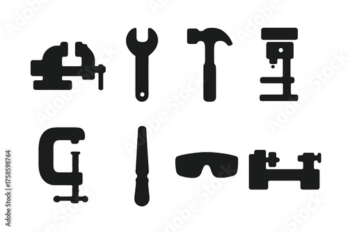 Workshop Tool Icons. Workshop Equipment. Filled icon set of Workshop Equipment: bench vise, wrench, hammer,