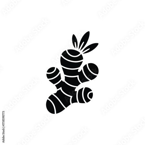 Black and white stylized graphic of a ginger root with leaves spice herb