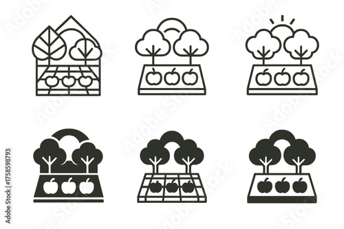 Apple Drying Logos. Drying apples. Set Logo of Drying apples: Orchard sun-drying layout with mesh trays under trees. harmonious logo variations of the same