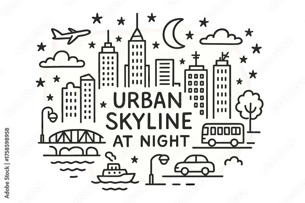 Fototapeta premium Urban Night Doodle. Urban Skyline at Night. Hand-drawn doodle illustration of Urban Skyline at Night.