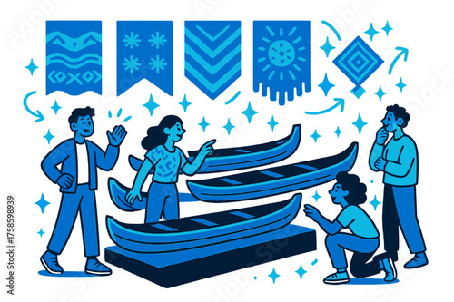 Cultural Canoe Exhibit. Heritage display. Wooden canoes lined up in a glowing cultural exhibit, banners and