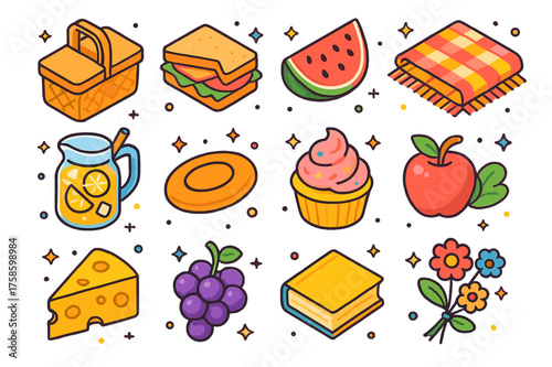 Summer Picnic Icons. Summer Picnic. Colorful isometric vector icons set of summer picnic: picnic basket, sandwich, watermelon slice, blanket, lemonade jar,