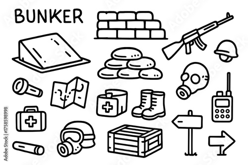 Fortified Bunker Doodle. Bunker. Hand-drawn doodle illustration bunker fortified wall, entrance hatch, sandbag pile, rifle, helmet, flashlight, map, first aid
