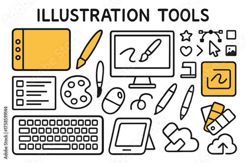 Creative Illustration Tools. Illustration Tools. Hand-drawn doodle illustration illustration tools tablet (accented), stylus (accented), computer monitor,