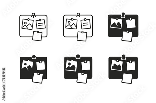 Vision Board Logos. Dream realization. Set Logo of Dream realization: Vision board with pinned photos and notes. harmonious logo variations of the same