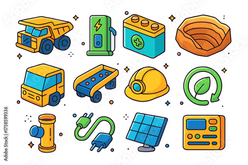 Colorful Mining Truck Icons. Colorful isometric vector icons set of electric mining trucks: electric haul truck, charging station, lithium battery, mining pit,