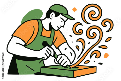 Chiseling Mastery. Carpenter at work. A figure carving wood with a chisel, bright wood shavings flying into abstract spiral shapes. The scene radiates focus