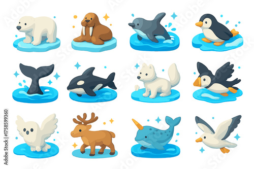 Arctic Animal Icons. Arctic animals near icy waters. 3D icons set of arctic animals near icy waters: polar bear on ice, walrus resting, seal diving, penguin