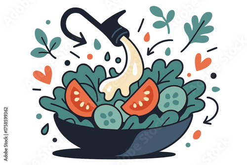 Dynamic Salad Illustration. Salad with creamy dressing. Glowing creamy dressing drizzled over fresh vegetables, abstract floating herbs and droplets