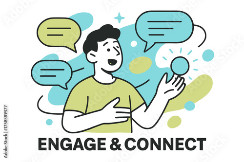 Interactive Small Talk. Small talk. Character gesturing with glowing hand while abstract orbiting chat bubbles
