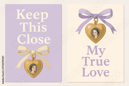 Heartfelt Keepsake Banners. Keepsake. Two vertical A6 banners, pastel, lavender and cream backgrounds, heart-shaped locket with tiny portrait and ribbon, first