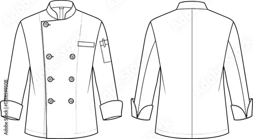 Chef jacket flat sketch, double breasted uniform, stand collar, sleeve pocket detail, fashion technical drawing, apparel design template, restaurant clothing vector illustration