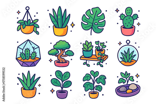 Playful Indoor Plant Icons. Colorful isometric vector icons set of indoor greenery: hanging planter, snake plant, monstera leaf, cactus, terrarium, bonsai