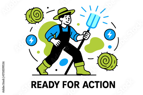 Futuristic Farm Preparation. Pitchfork handle. Character preparing glowing pitchfork for abstract farm work