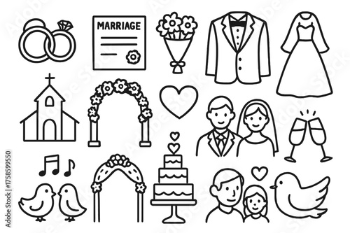 Marriage Symbols Doodle. Marriage. Hand-drawn doodle illustration marriage rings, certificate, bouquet, tuxedo, gown, veil, church, arch, heart, family,