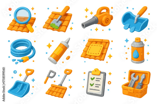 Roof Maintenance Icons. 3D icons set of roof maintenance: roof inspection magnifier, moss scraper, leaf blower, gutter scoop, water hose, caulking tube, roof