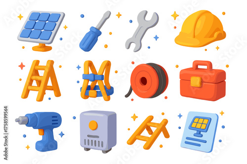 Solar Tools Icon Set. Solar installation tools. 3D icons set of solar installation tools: solar panel, screwdriver, wrench, hard hat, ladder, safety harness,
