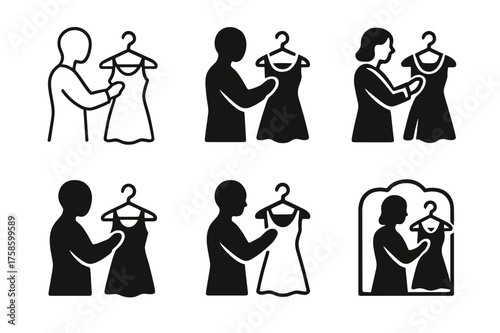 Boutique Logo Variations. A person browsing through racks of clothes in a stylish boutique. Set Logo of A person browsing through racks of clothes in a stylish