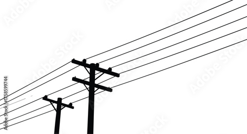 Silhouette of two electric utility poles with multiple power lines on white background, urban electricity distribution vector illustration for energy, voltage, and connection design