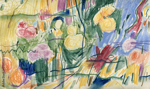 Hand drawn floral garden artwork in watercolor and colored pencil, expressive abstract composition with flowers and nature shapes, high-resolution scan for print and web design