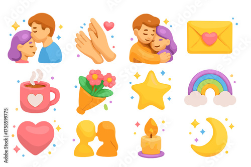 Charming Love Icons. Loving gestures. 3D icons set of loving gestures: forehead kiss, hand caress, warm hug, love letter, cozy tea cup, flower bouquet, star