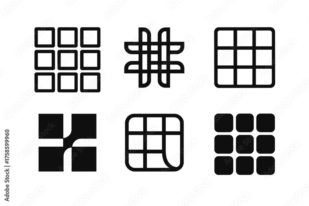 Obraz premium Harmonious Logo Grid. Order. Set Logo of Conceptual design: organized grid icon. harmonious logo variations of the same emblematic concept, each with different