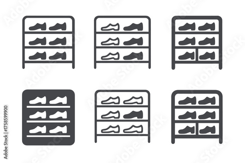 Shoe Logo Variations. Looking for your shoes. Set Logo of Looking for your shoes: Shoe rack with an empty slot. harmonious logo variations of the