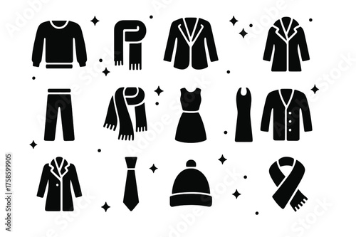 Luxury Wool Icons. Luxury Wool. Solid icons set of Luxury Wool: cashmere sweater, merino scarf, fine wool blazer, alpaca coat, wool trousers, wool shawl, wool